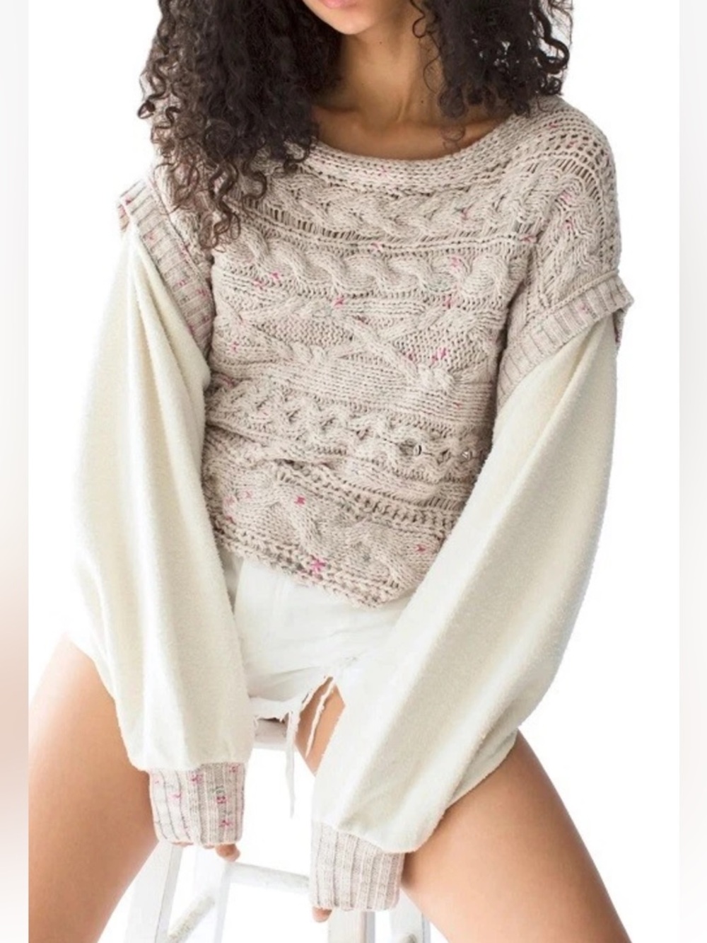 Free People Cream Honey Cable Knit Scoop Pullover with Balloon Sleeves sz small